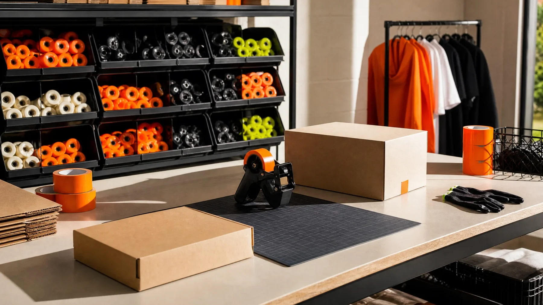 A packing bench with parcels, orange tape and bins of wheels sorted by colour