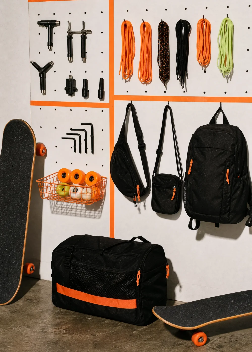 A pegboard wall holding skate tools, laces and bags neatly