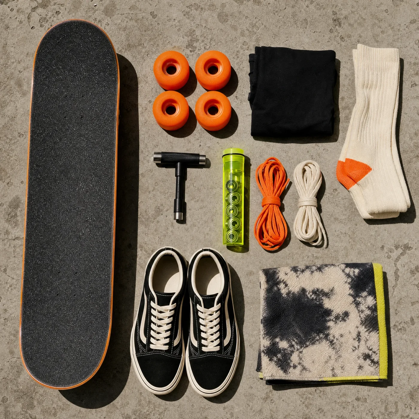 Overhead flat-lay of a full skater kit: wheels, bearings, laces, socks, tool and cloth