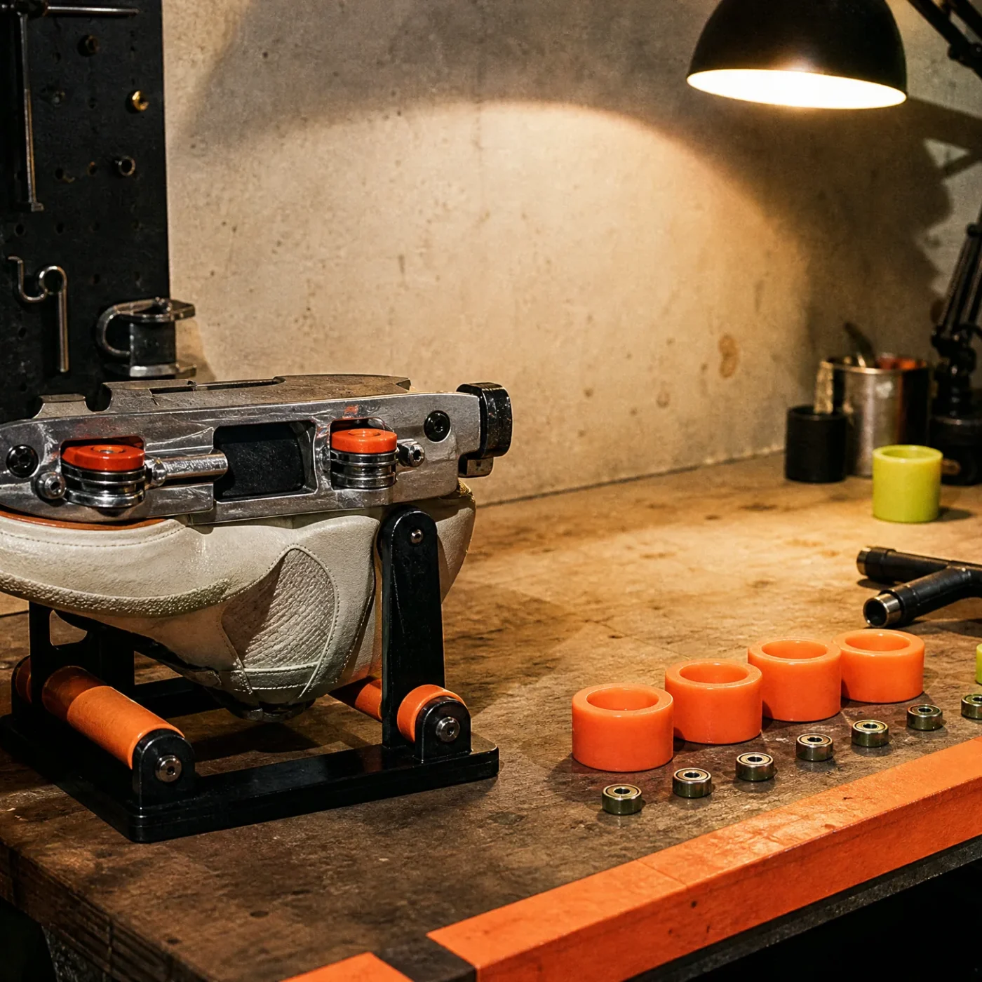 A skate workshop bench with wheels removed and lined up beside bearings