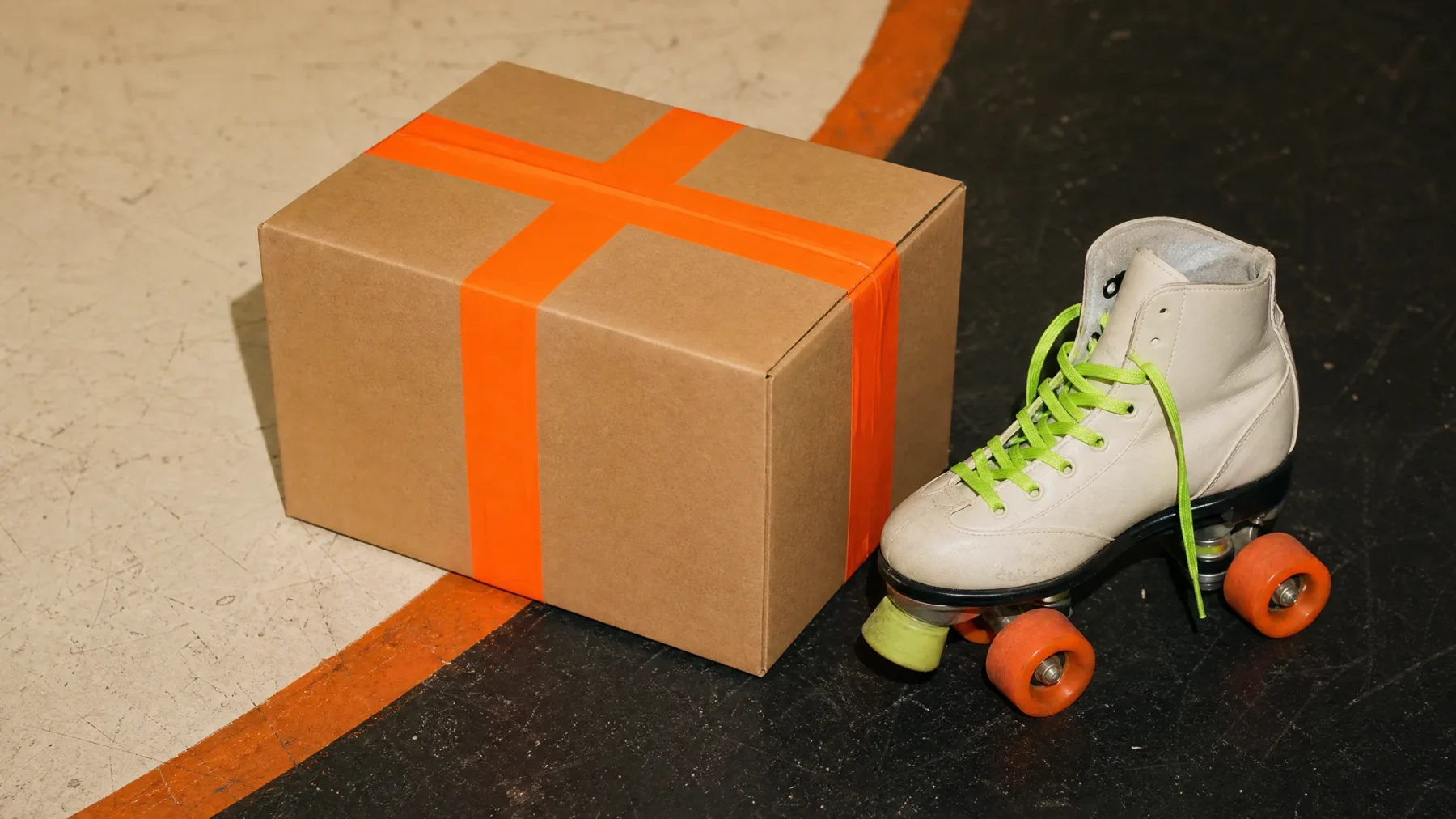 A sealed kraft parcel wrapped with orange tape beside a quad skate